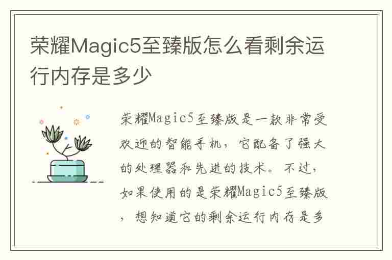 荣耀Magic5至臻版怎么看剩余运行内存是多少